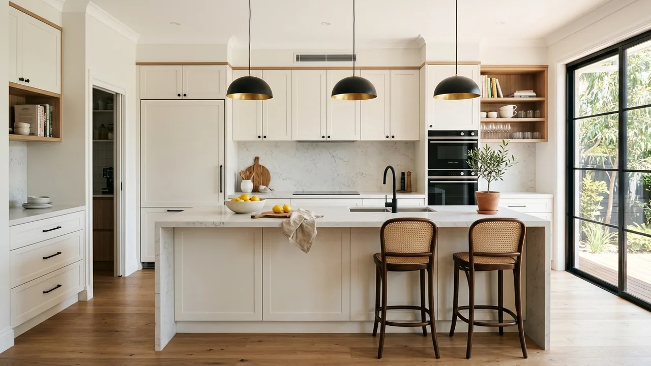 Finished Sydney kitchen with stone island bench, custom cabinetry and pendant lighting