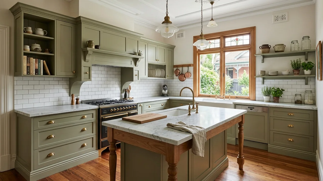 Heritage Sydney kitchen renovation with timber floors, detailed joinery and shaker cabinetry