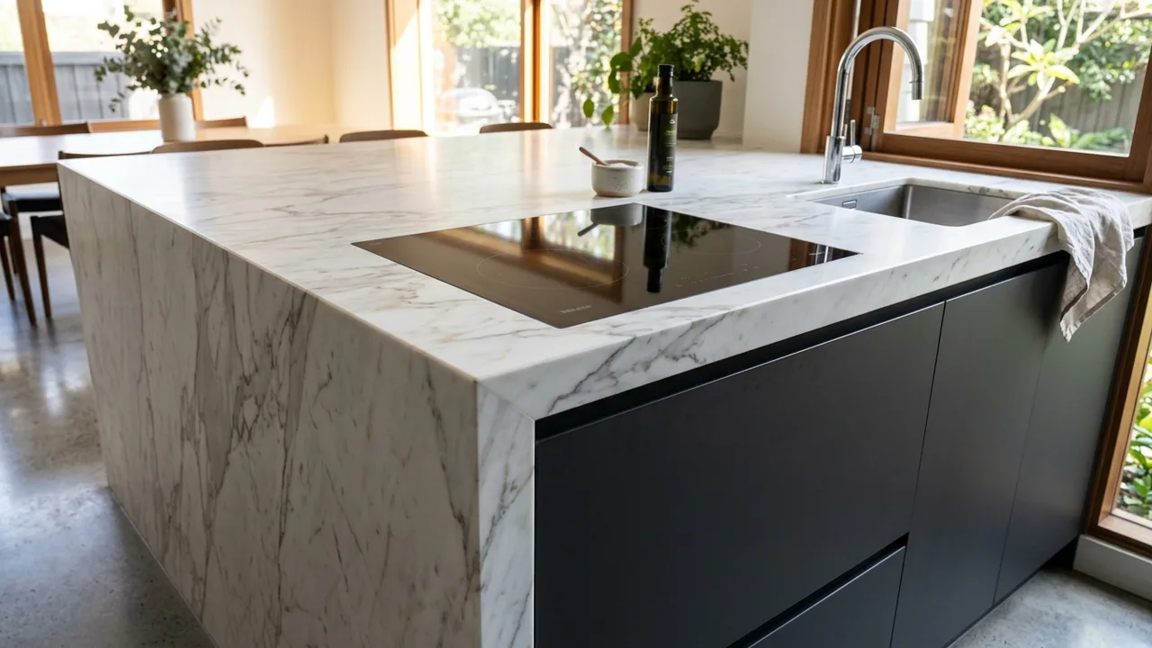 Stone benchtop installation in a Sydney kitchen showing waterfall edge and flush cooktop