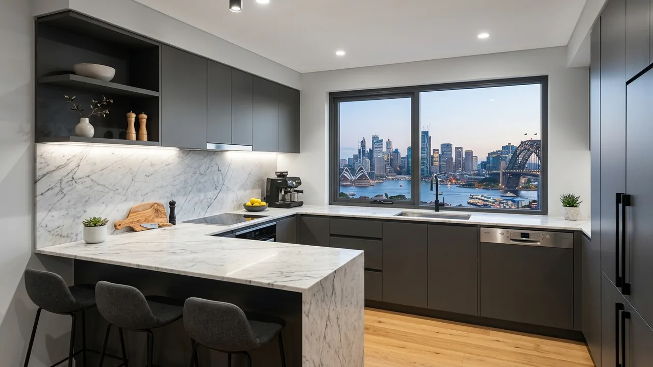 Strata-approved apartment kitchen renovation in a Sydney high-rise with island and city view