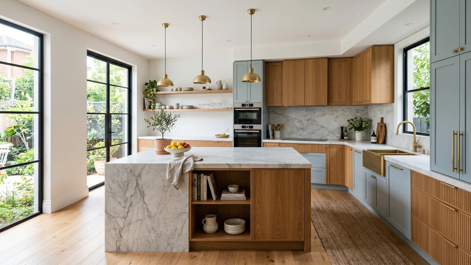 Renovated Sydney kitchen with stone island, warm timber detailing and custom cabinetry