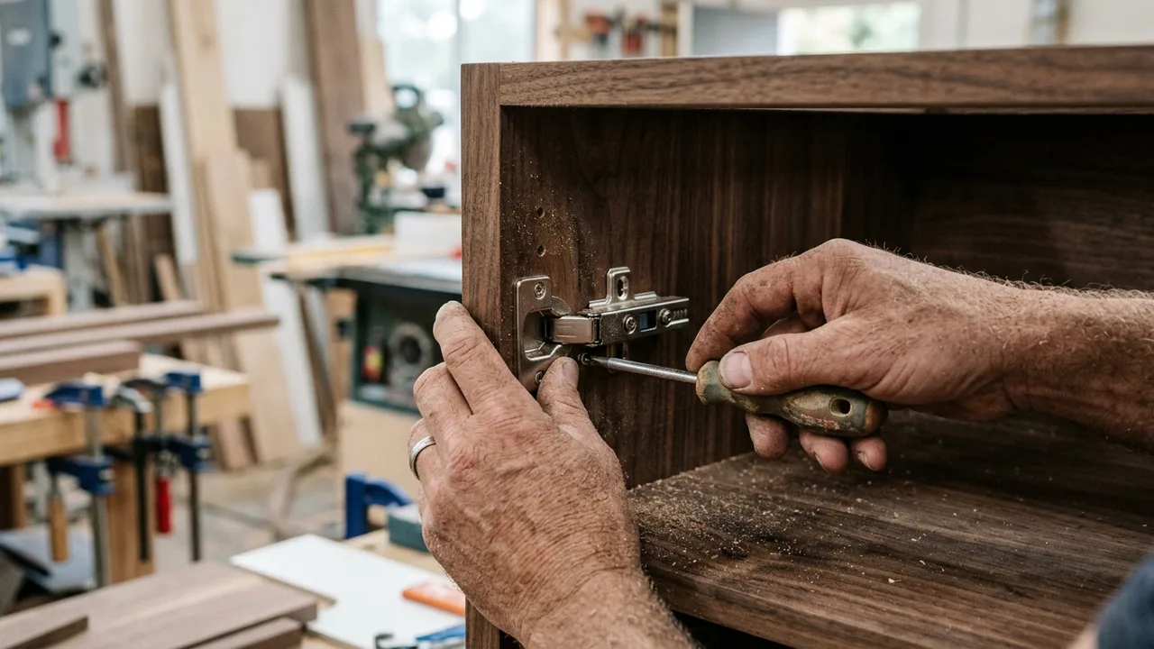 Cabinetmaker fitting custom soft-close joinery during a Sydney kitchen renovation
