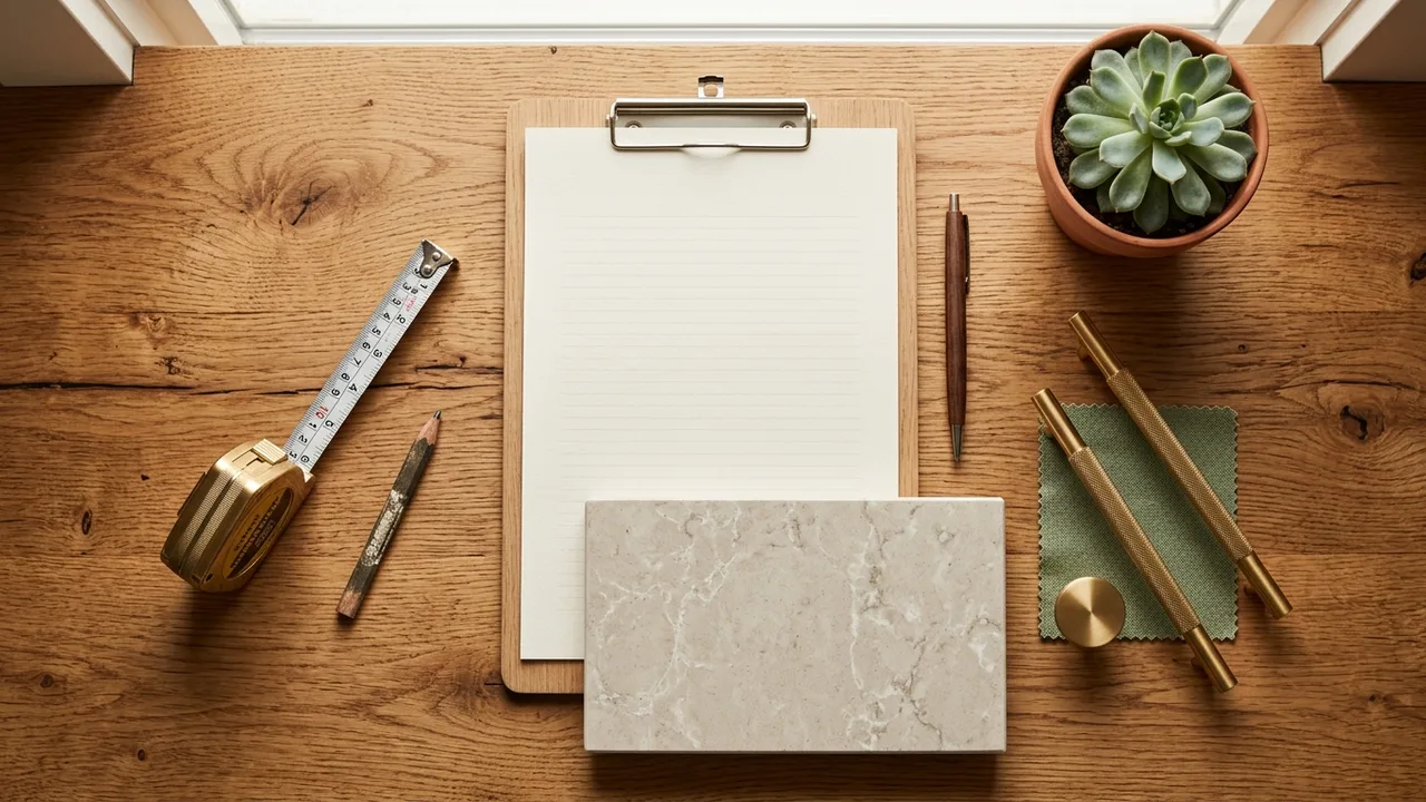 Sydney kitchen renovation checklist on cream paper next to a brass tap fitting