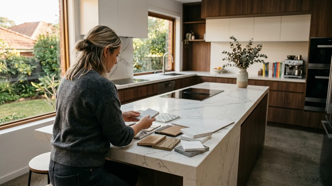 Kitchen makeover consultation in Sydney with refreshed cabinet fronts and benchtop samples